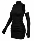 Sexy Mini Dress Women'S Oversleeve Pleated Bodycon Dress High Neck Autumn Black Shinny Elastic Party Tank Hip Wrap Dresses Club